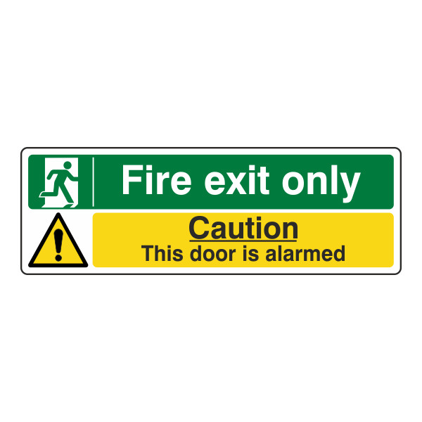 Fire Exit Sign - Door is Alarmed - 450x150mm - 1mm Rigid Plastic