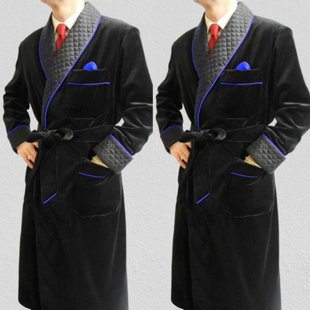 Men Long Smoking Jacket Black Velvet Quilted Robe Evening Dinner Party Overcoat