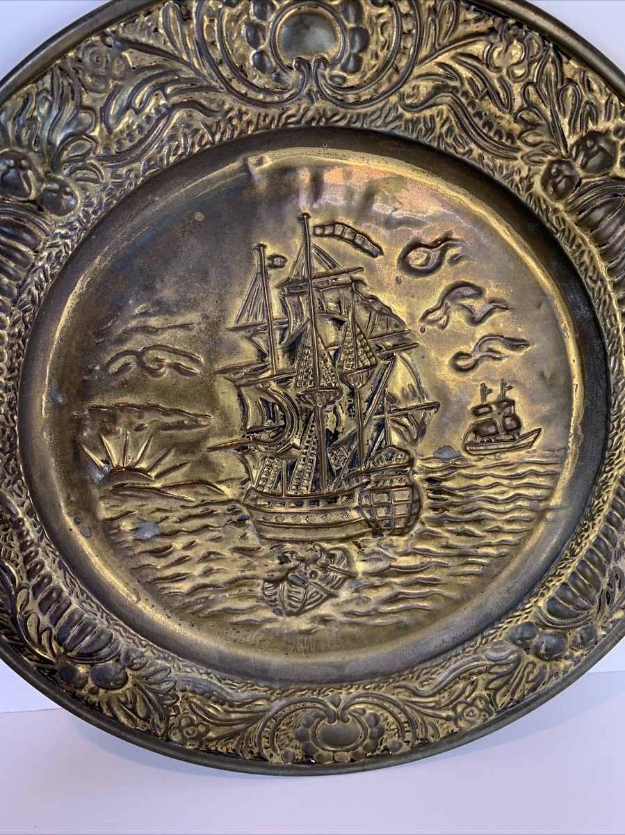 Brass Sail Boat Ship Embossed England Wall Hanging Plaque Platter