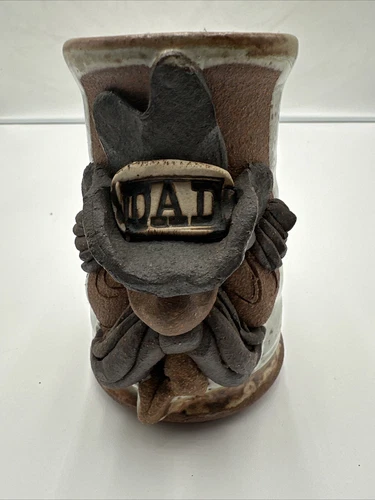 Mahon Stoneware 3D Ugly Face DAD Mug Art Pottery Signed Cowboy Hat Mustache 10oz