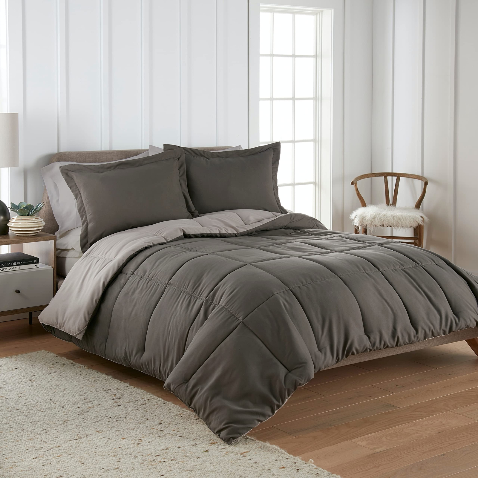3 Pc Super Soft Light Grey/Dark Grey Reversible Comforter Queen Bed Set Down ...