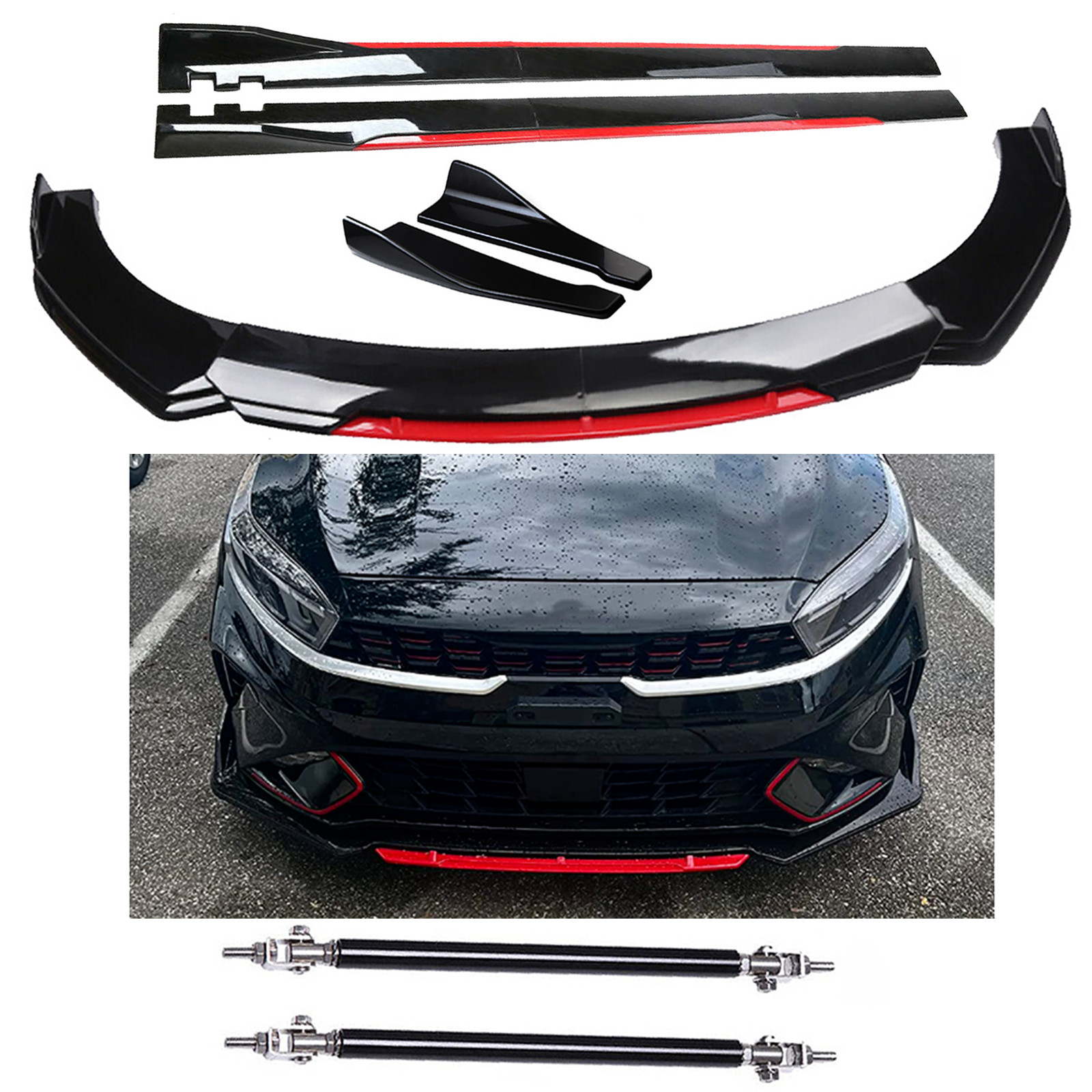 For Kia Forte Sedan Front Bumper Lip Splitter + Side Skirt Glossy Black +Red