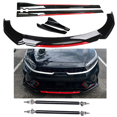 For Kia Forte Sedan Front Bumper Lip Splitter + Side Skirt Glossy Black +Red
