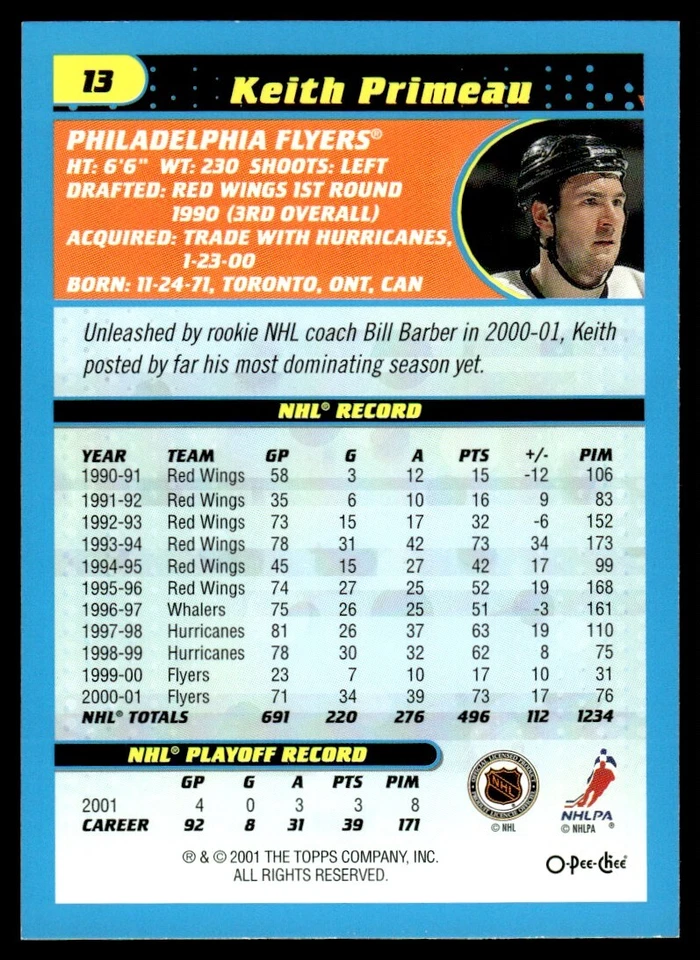 2001-02 O-Pee-Chee Heritage Keith Primeau Philadelphia Flyers #13 - Image 2 of 2