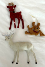 Three Flocked Reindeer Christmas Decor/Ornament Red, White, Brown Vintage JCS