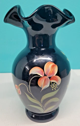 Fenton 100th Anniversary Vase Black/Ebony Hand Painted Florals Ruffled Edge