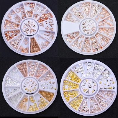 Rose Gold 3D Nail Art Rhinestones Studs Cire Star Round Mixed Decorations Tips