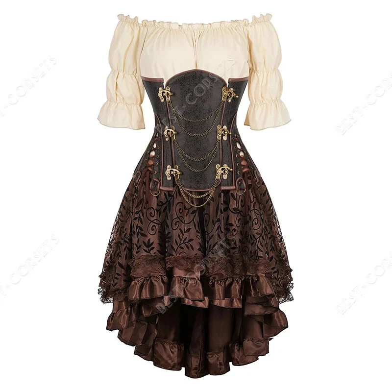 LOT Steampunk Corset Dress Costume Women Halloween Faux Leather Corset Dress - Image 4 of 4