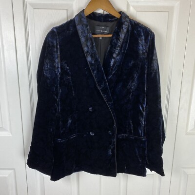 Lucky Brand M Velvet Floral Blazer Jacket Double Breasted blue