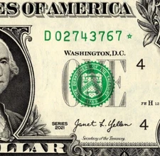 2021 D Star Note One Dollar Bill Regular Run Pack Note D02743767* UNC