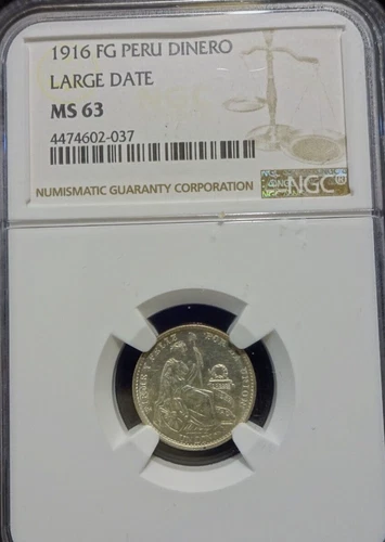 Peru 1916 FG Dinero Large date MS 63 NGC