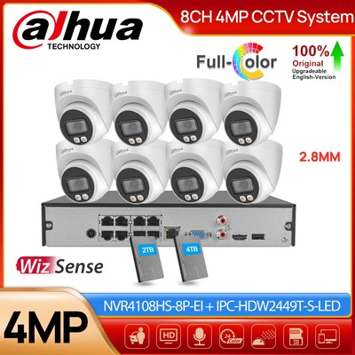 Dahua 8CH 8POE 4K NVR 4MP POE Full Color Wizsense CCTV Camera System HDD Lot MIC