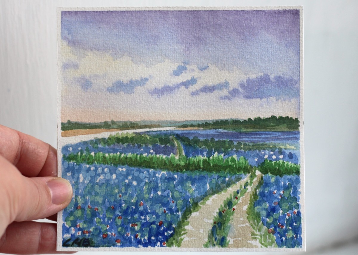 Texas Landscape Original Watercolor Painting 5x5 Hand Painted