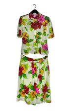 Vintage Emanuel Ungaro Silk Floral Print Pleated Midi Skirt Top Suit 12 Ecru