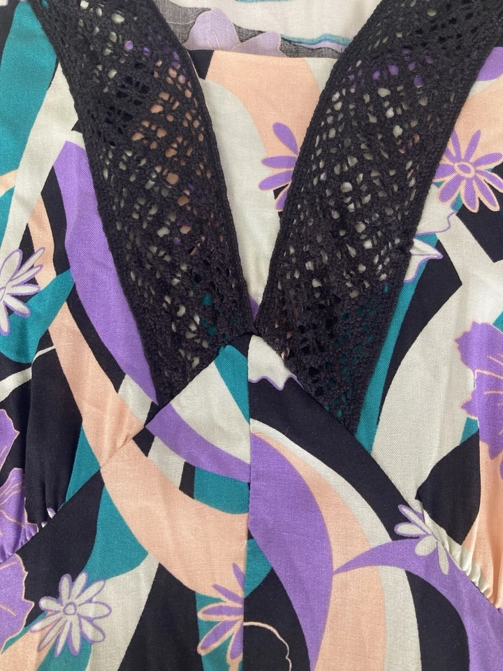 Rockmans Purple Green Maxi Dress Size 14? Lace Insert Hanky Uneven Hem Boho - image 3 of 4