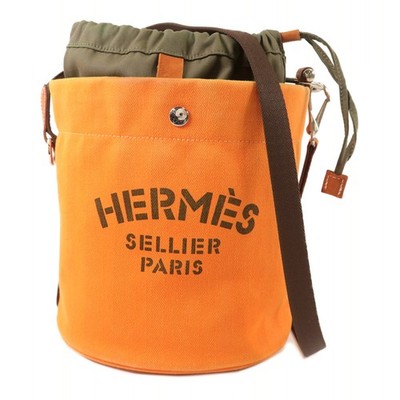 HERMES PHW Sac De Pansage Grooming Bucket Shoulder Bag Toile Orange