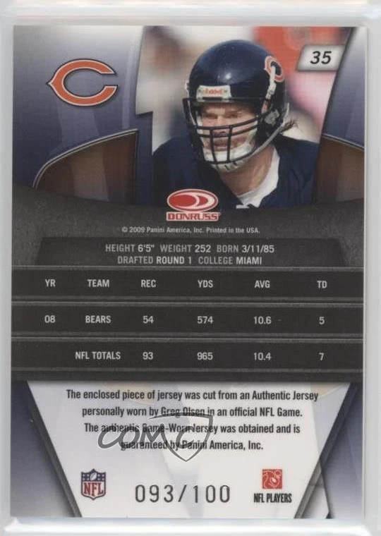 2009 Donruss Gridiron Gear X's Materials Jerseys /100 Greg Olsen #35 - Image 2 of 2