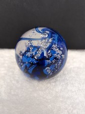 Langham England Art Glass Paperweight Beautiful Blue Bubble Design