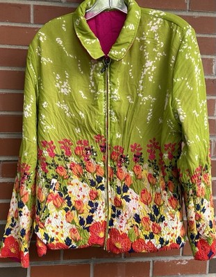 Ubu Womens Reversible Long Sleeve Multi Color Crinkled Floral Zip Jacket Sz L
