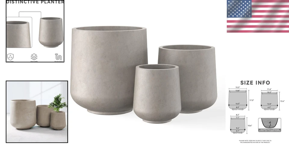 Handcrafted Weather-Resistant Concrete Plant Pots with Drainage Holes - 3 Sizes - Image 2 of 4