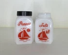 Vintage Set of McKee Red Sailboat Milk Glass Salt & Pepper Shakers