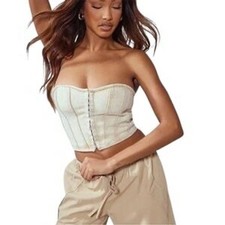 PrettyLittleThing Washed Stone Denim Hook Eye Structured Corset Top UK 12 US 8