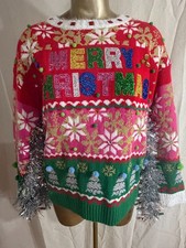 Holiday Time Women M Ugly Christmas Sweater Merry Xmas Tinsel Pom Pom Blin 0882H