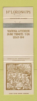 Matchbook Cover - Hs Lordships Berkeley CA