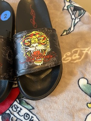 Ed Hardy Youth Kids Slides/flip-Flops Black Leather Tiger  display picture 1
