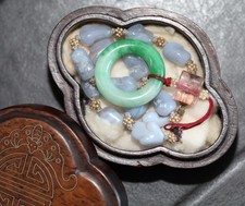 antique Chinese jade Bi & tourmaline pendent in box, 19th century, Qing Dynasty.