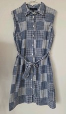 Tommy Hilfiger Womens Patchwork Checked Belted Dress Size 10 Blue Denim Look
