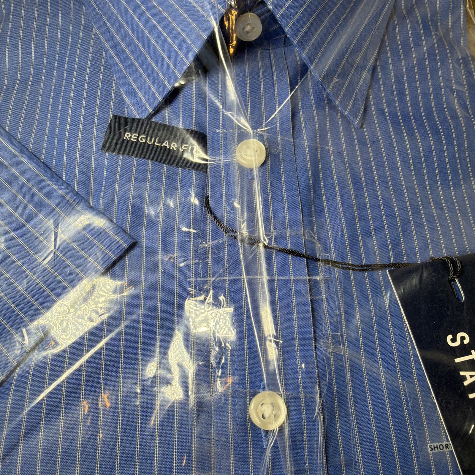 Stafford Mens Short Sleeve Travel Easy-Care Broadcloth Dress Shirt Blue Stripe