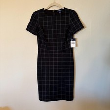 NEW Chaps Dress Womens 2 Black Windowpane Sheath Short Sleeve Career Office