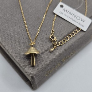 Authentic Gold Dainty Chain Fairy Mushroom Charm Necklace 16K Gold Plated Boutique Brand