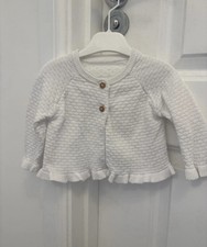 Matalan White Cotton Knit Baby Cardigan 0-3 Months Button Front Frill Hem