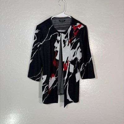 Misook Cardigan Sweater Womens XS Black Red White Abstract Print Open Front Knit