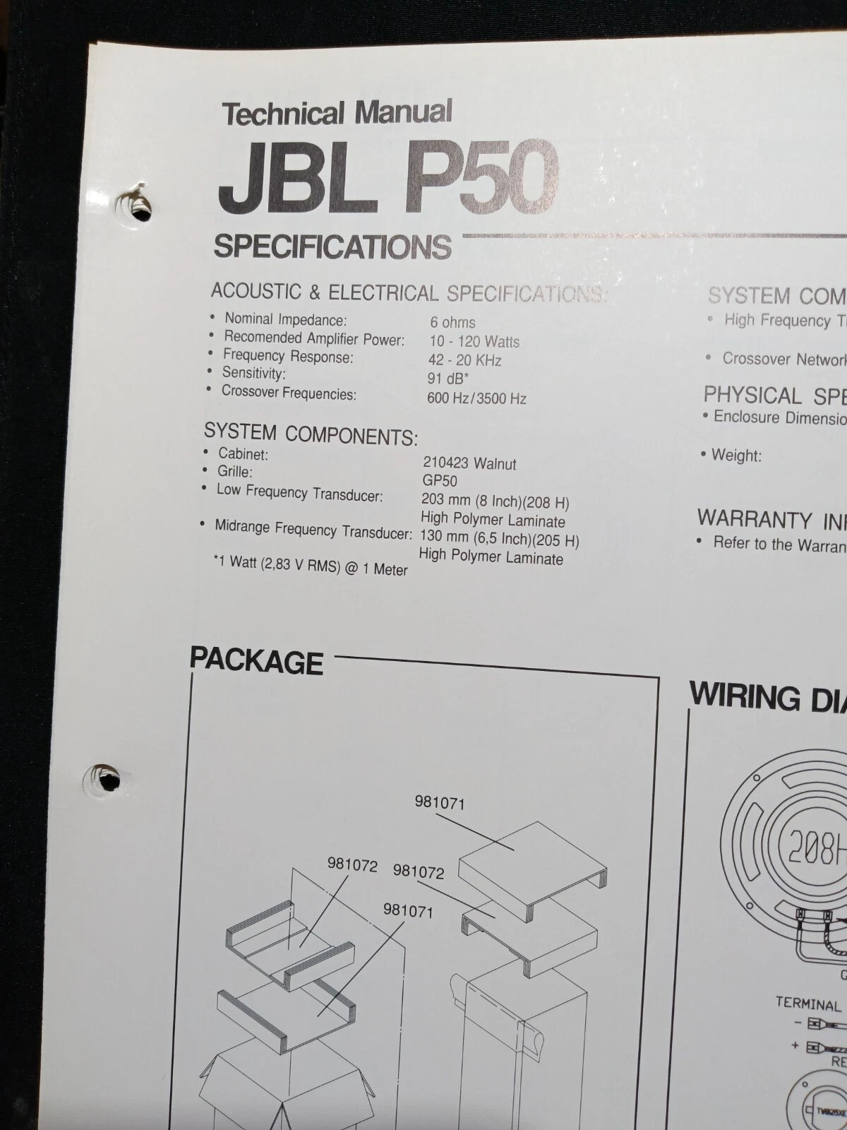 JBL P50 Speaker Service Manual Original Specifications Original