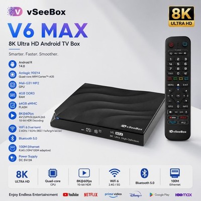 NEW VSee Box V6 Max 6K Android TV Streaming Box WiFi 6 Bluetooth Factory Sealed