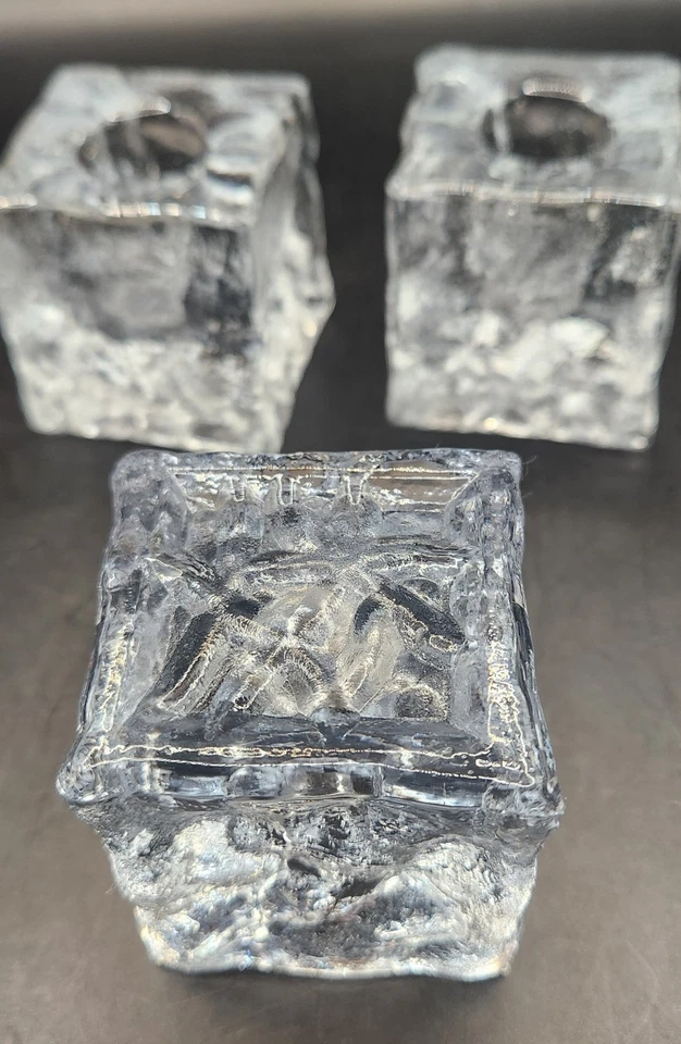 Juego de 3 candelabros de vidrio vintage años 70 Orrefors Ice Cube suecos Foto 4 de 4