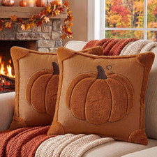 Set of 2 Fall Pumpkin Pillow Covers 18x18 Rust Orange Faux Fur Cushion Covers