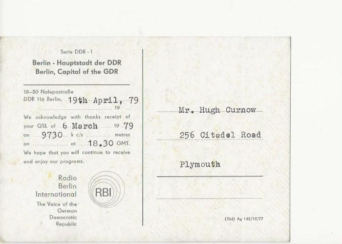 1979  Broadcast radio station  RBI  German Democratic Rep.  QSL radio postcard