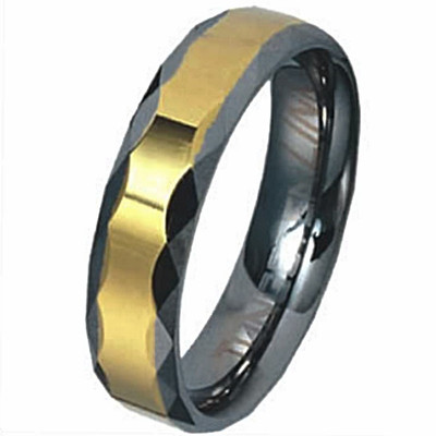TUNGSTEN CARBIDE RING with Gold Plated Band & Faceted Accent Edges, size 12