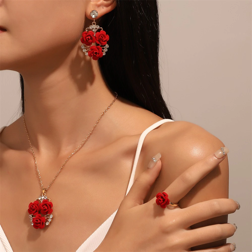 Women's Fashion Jewelry Set Red Roses Flower Gold Earrings Ring Necklace  1-278