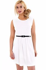 Womens Ladies Girls Sleeveless Dresses Flared Belted Skater Dress Party Top Vest