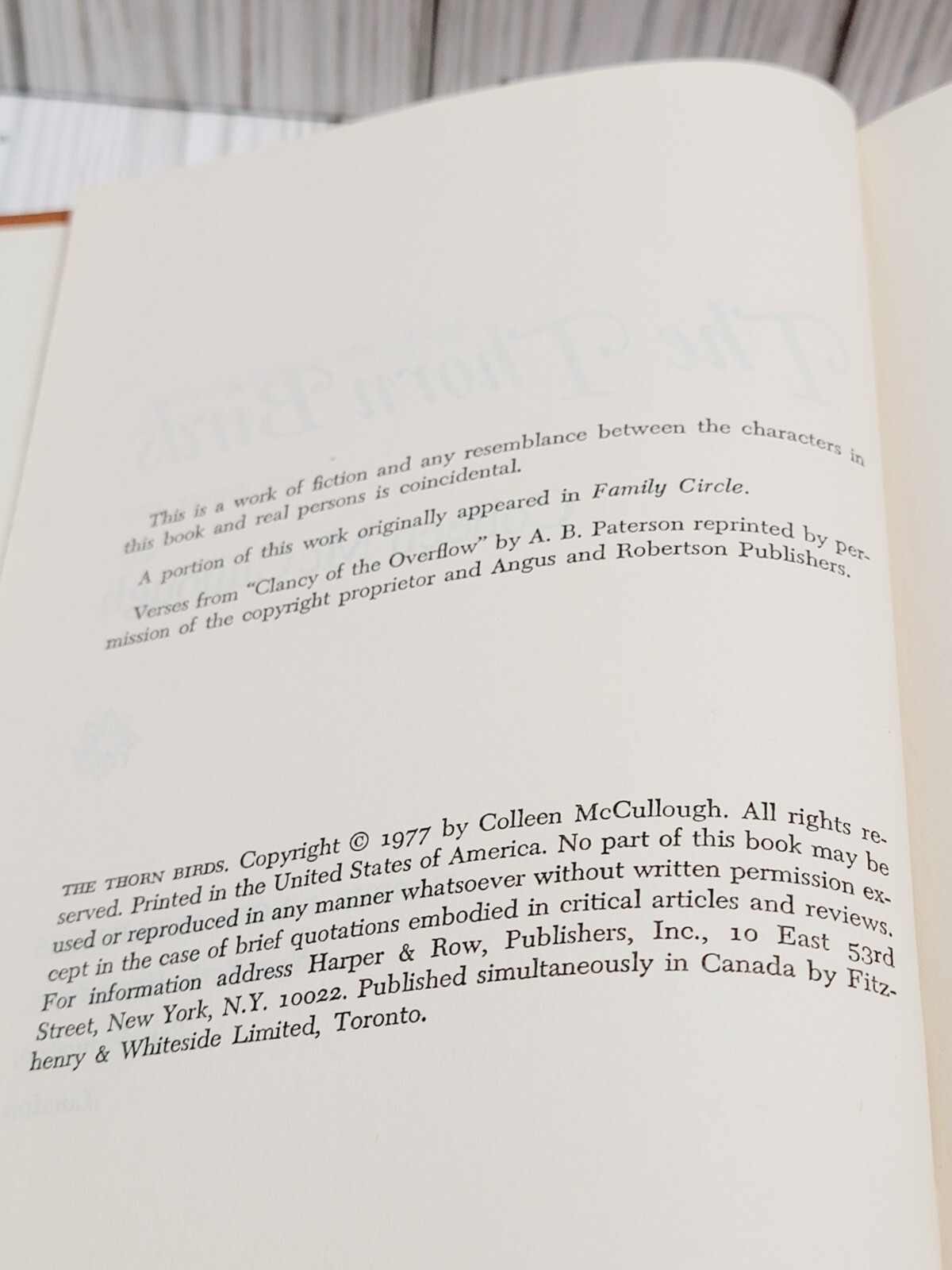 FILA The Thorn Birds Collen McCullough HC 1977 Harper & Row Dust jacket Book Club