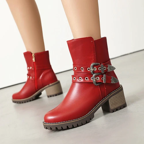 Women Booties Mid Chunky Heel Round Toe Zip Up Casual Buckle Fashion Ankle Boots - Bild 12 von 29