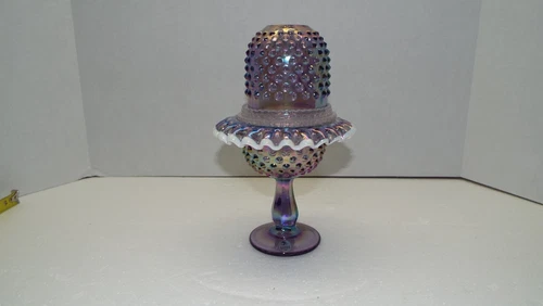 Fenton Purple 95th Carnival Glass Hobnail Snow Crest 3 Piece Pedestal Fairy Lamp