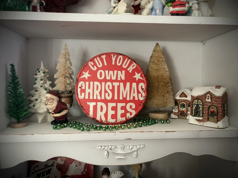 "Corta tus propios árboles de Navidad estilo vintage publicidad metal letrero 8"" rojo blanco" Foto 2 de 4