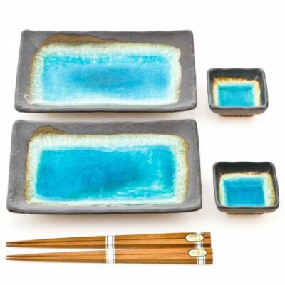 Plates Japanese Style Sushi Oriental Meal Square Blue
