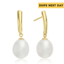14K Real Solid Gold Natural White Oval Freshwater Cultured Pearl Studs Earrings